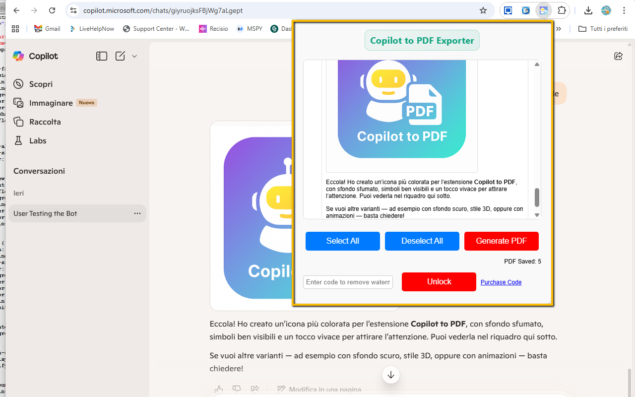 Copilot to PDF Exporter popup with export options